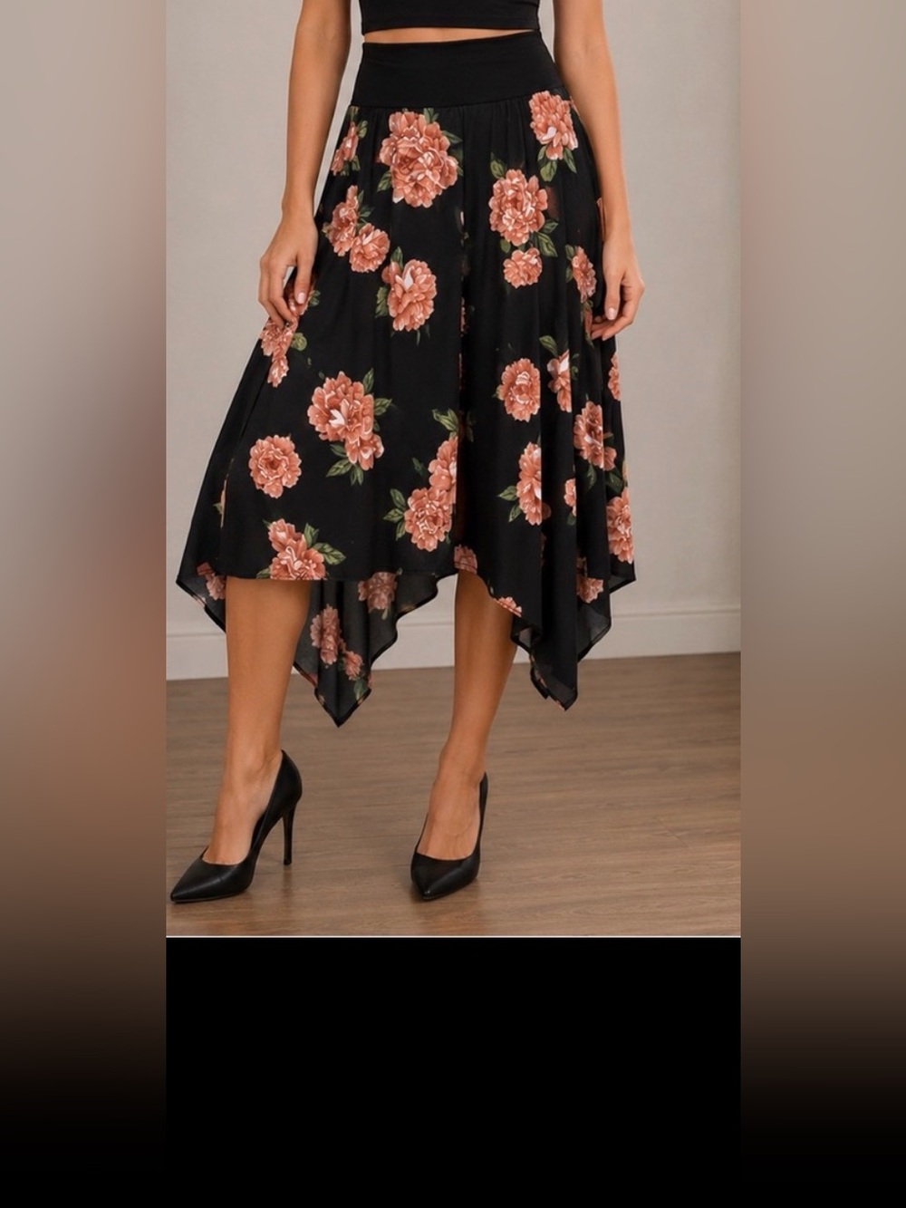 AGB Floral High Low Midi Skirt Women’s Medium Black Peach Rose Stretch Pull On